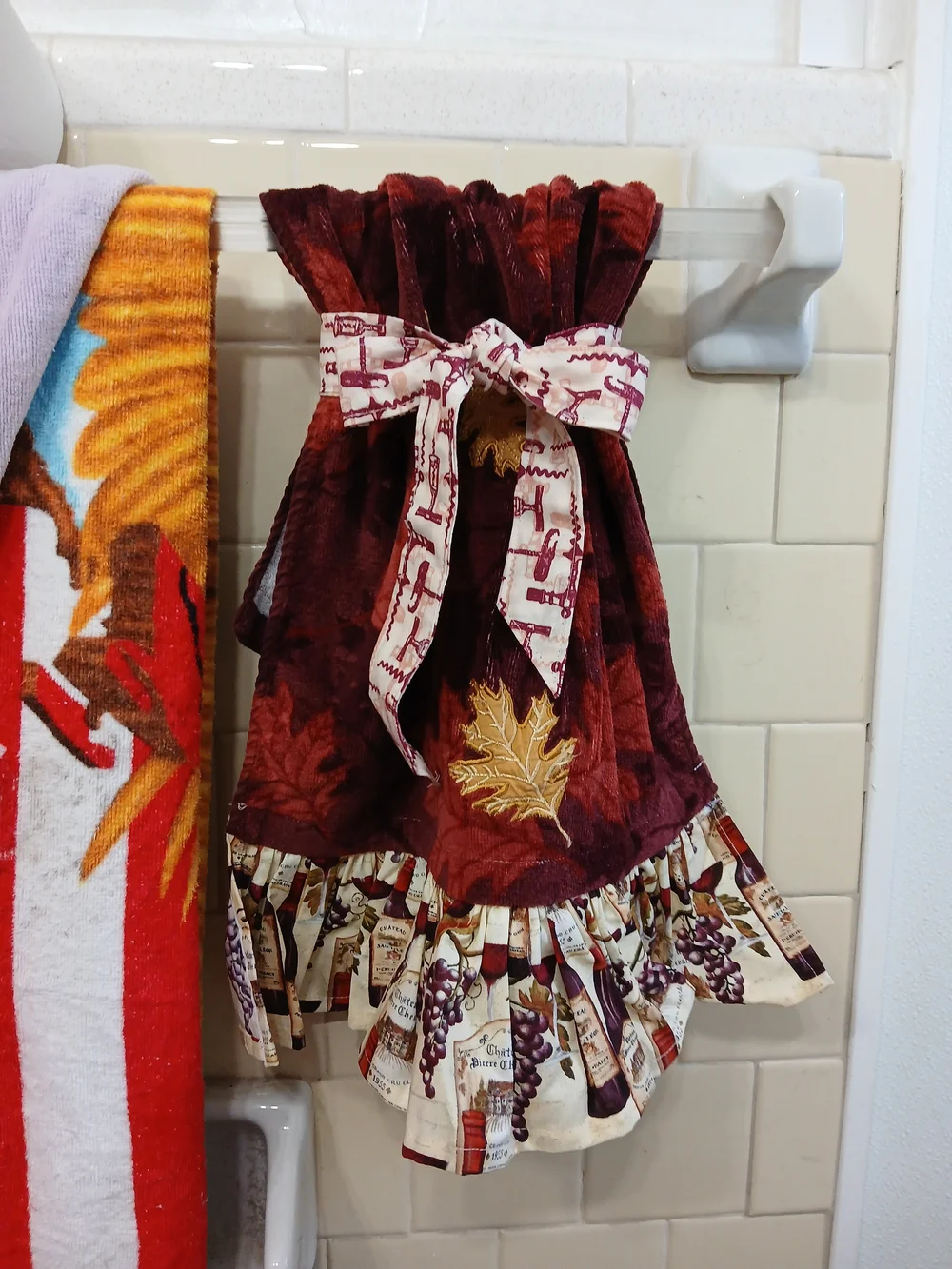 Embroidered Cream Hanging Towel with Pink Floral Ruffle